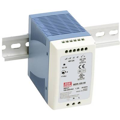 Een blauw-wit voedingsapparaat met netvoedingsingang 100-240V AC en uitgang 48V/2A, gemonteerd op een DIN-rail, met groene aansluitklemmen.