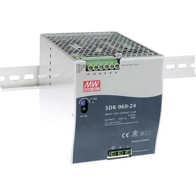 Voeding van Mean Well, model SDR-960-24, voor DIN-railmontage. Ingang: 200-240VAC, uitgang: 24V 40A. CE-gecertificeerd.