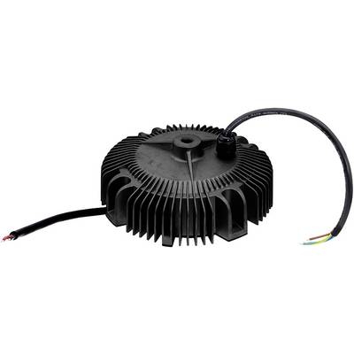 Ronde, zwarte LED-driver met koelribben en meerdere uitstekende kabels, geschikt voor industriële toepassingen.