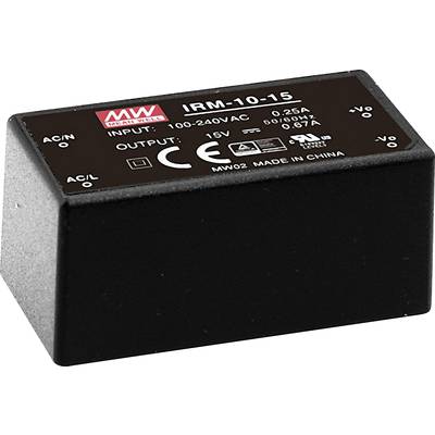 Zwart, rechthoekig voedingsadapter met opdruk 'IRM-10-15', ingang: 100-240V AC, uitgang: 15V, CE-markering.