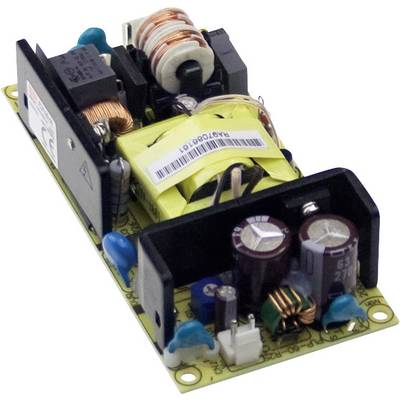 Elektronische voedingsmodule, bestaande uit transformator, condensatoren en koperen spoelen, gemonteerd op een printplaat.