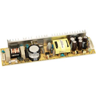 'Printplaat met verschillende elektronische componenten zoals condensatoren, spoelen en warmteafleiders. Gele transformator in het centrum.'