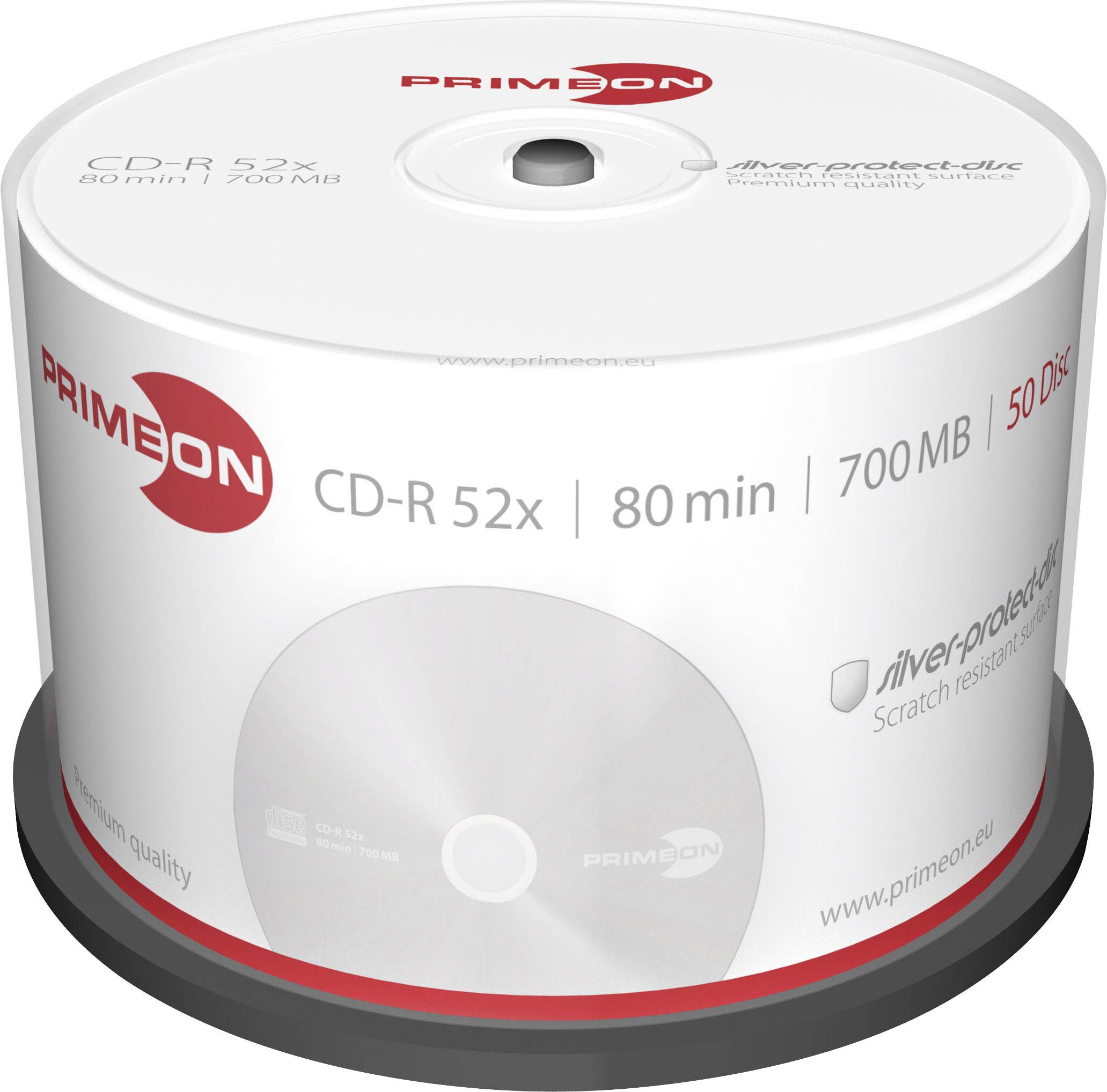 CD-R-spindel van PRIMEON met 50 schijven, geschikt voor 80 minuten of 700 MB aan gegevens. Gemerkt met 'CD-R 52x'. Beschermt tegen krassen.