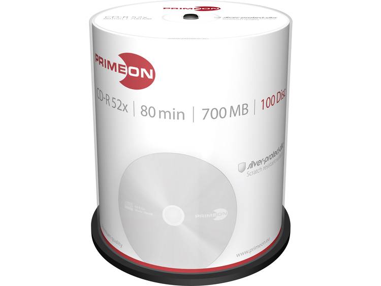 Primeon 2761103 CD-R 80 disc 700 MB 100 stuks Spindel Mat zilver oppervlak