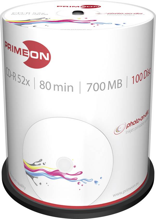 Primeon 2761106 CD-R 80 disc 700 MB 100 stuk(s) Spindel Bedrukbaar