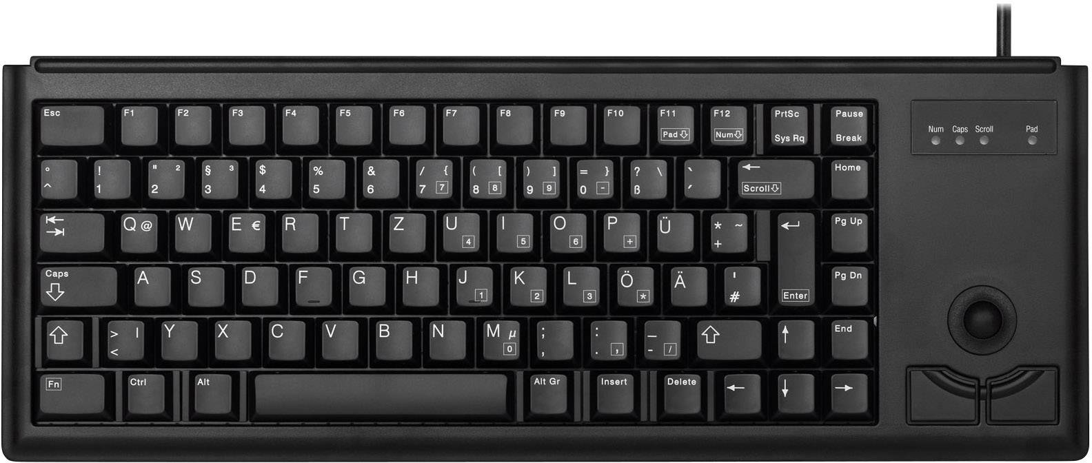 Zwarte computertoetsenbord met Duits toetsenbordindeling, volledige numerieke toetsenblok. Rechts een touchpad met toetsen, geen extra decoratie.