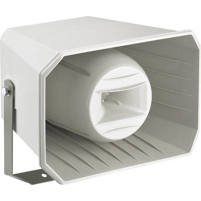 Een witte luidspreker in een weerbestenrige behuizing, gemonteerd op een metalen steun, geschikt voor buitentoepassingen.