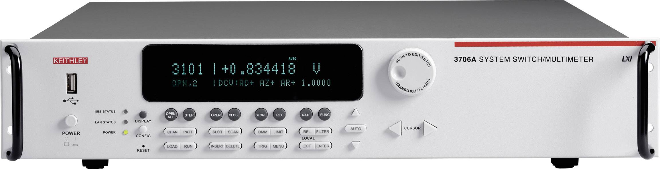 Digitaal systeemmultimeter met numeriek display toont '3101 +0.834418 V'. Het heeft verschillende functietoetsen en een USB-aansluiting.