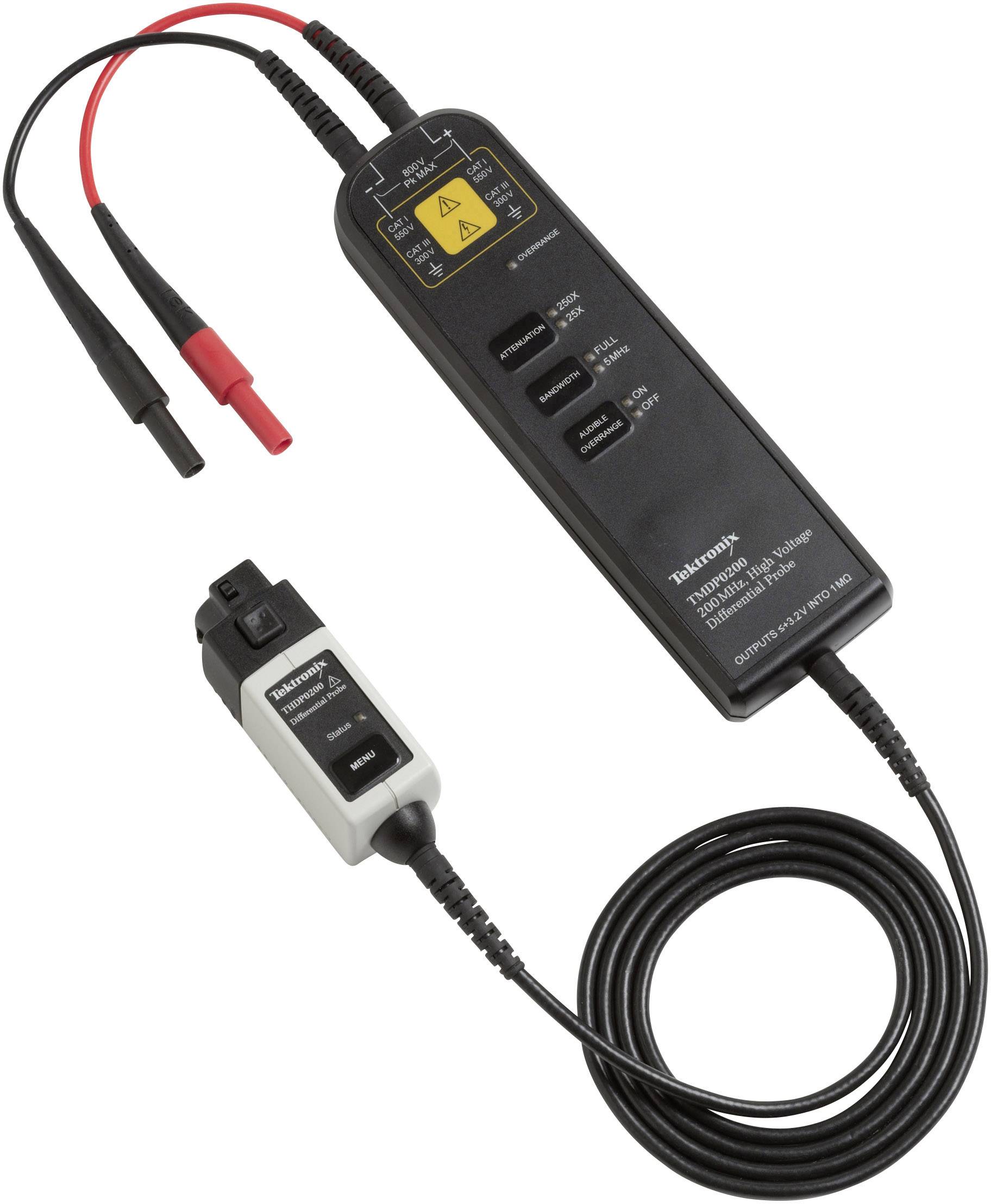 Meetapparaat met twee kabels en sondes, schakelaar en opschriften op de behuizing. Geschikt voor elektrische spanningsmetingen.