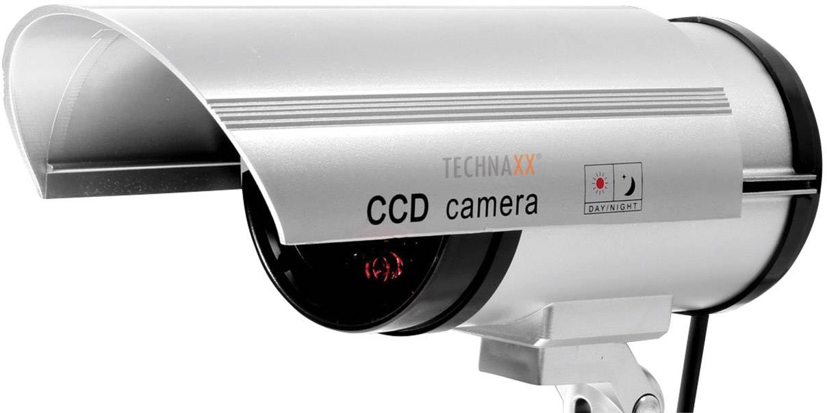 Zilveren bewakingscamera met rood licht, geschikt voor dag- en nachtgebruik, gemonteerd op een verstelbare beugel.