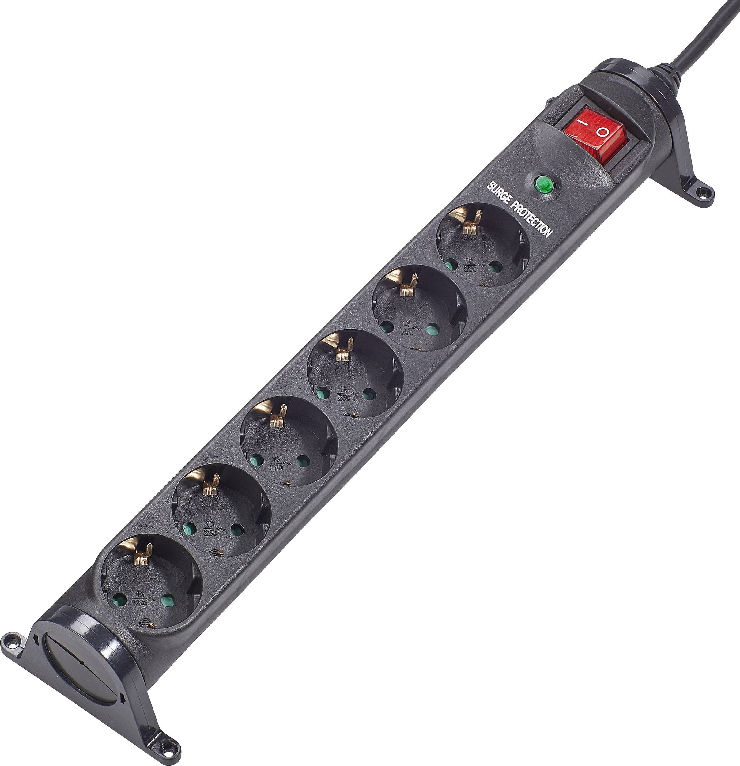 Zwarte stekkerdoos met zes aansluitingen, rode aan-/uitschakelaar en groen lampje voor overspanningsbeveiliging.