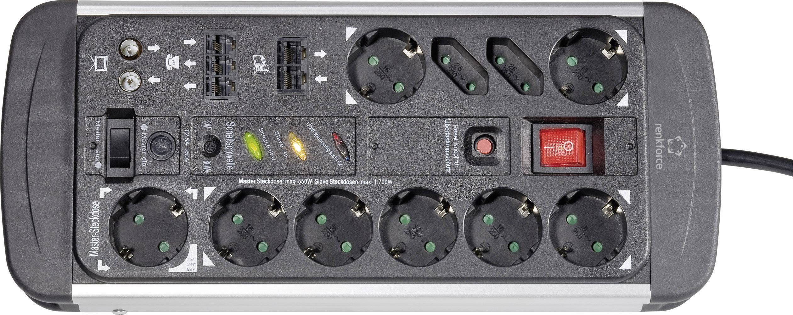 Stekkerdoos met tien Schuko-stopcontacten, twee USB-poorten, schakelaar en overspanningsbeveiliging.