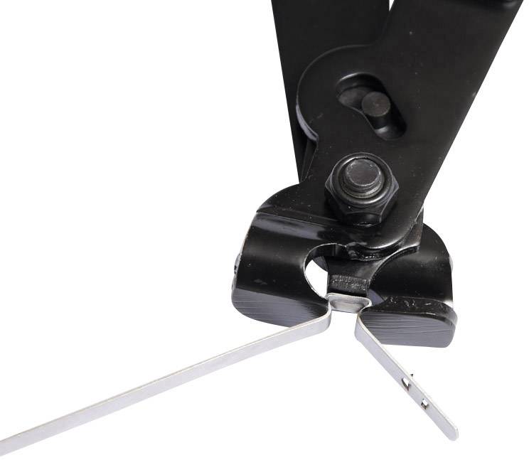 Een verstelbaar, zwart gereedschap dat een dun metalen bandje onder een hoek vasthoudt, mogelijk gebruikt voor meten of snijden.