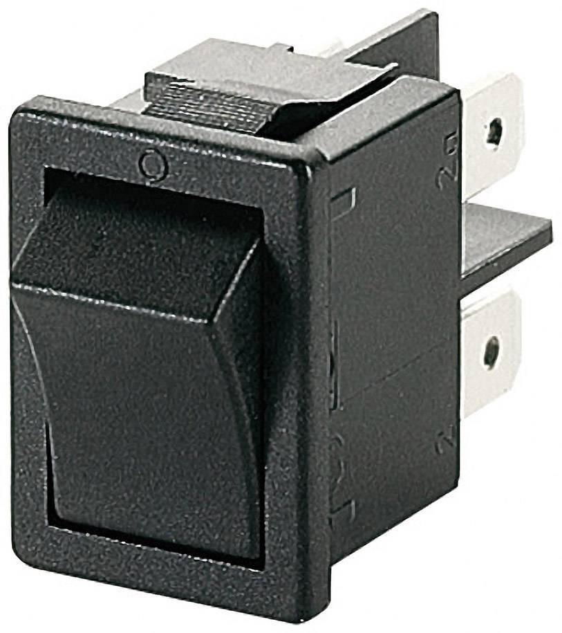 Een zwarte wipschakelaar met metalen contacten, geschikt voor gebruik in elektrische apparaten voor het besturen van aan/uit-functies.