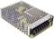 Zilveren, rechthoekige voeding met geperforeerde behuizing. Aansluitklemmen met gemarkeerde polariteiten aan de voorkant.