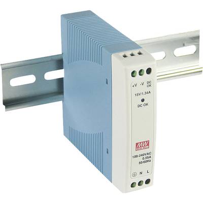 Blauw-wit voedingsapparaat gemonteerd op DIN-rail. Aanduiding: '15V/1.34A, 100-240VAC, 0.55A', geschikt voor industriële toepassingen.
