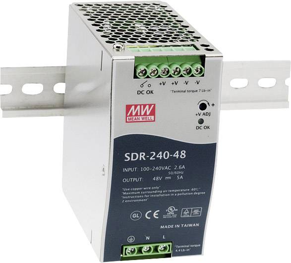 Een DIN-railvoeding SDR-240-48 van Mean Well met 48V uitgang, geschikt voor industriële toepassingen, behuizing van metaal.