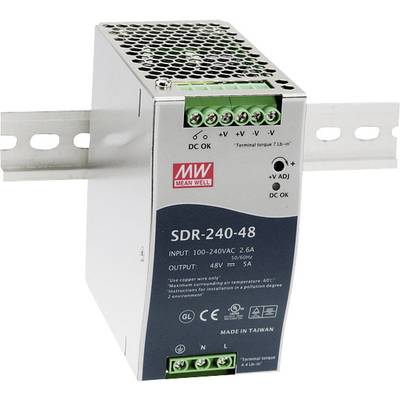 Een DIN-railvoeding SDR-240-48 van Mean Well met 48V uitgang, geschikt voor industriële toepassingen, behuizing van metaal.