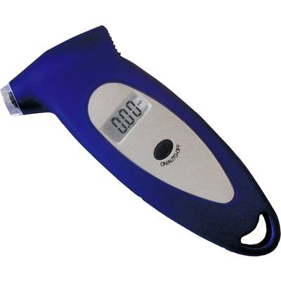 Elektronische bandenspanningsmeter met digitaal display, toont '0.00 bar'. Toetsen voor aan/uit-functie, ergonomisch ontwerp.