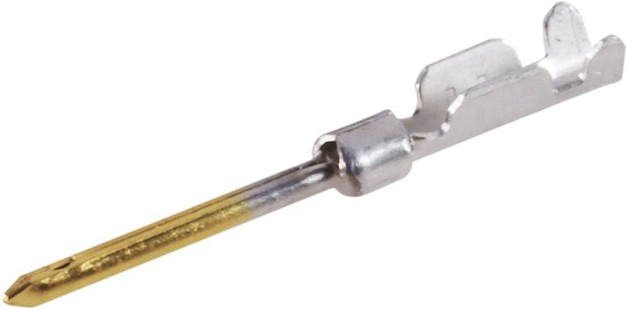 Een verguld stekkerstift met rechthoekige aansluiting, vaak gebruikt in elektronische verbindingen.