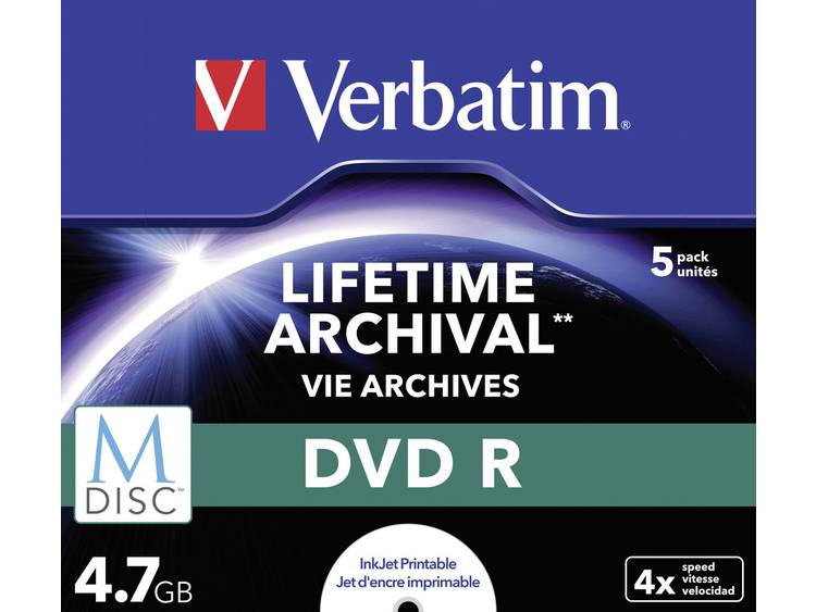 Verbatim 1x5 Verbatim M-Disc DVD R 4,7GB 4x Speed, Jewel Case, printable (43821)