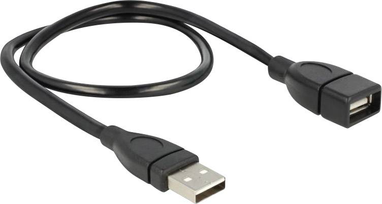 Zwart USB-verlengkabel met een USB-A-stekker aan de ene kant en een USB-A-aansluiting aan de andere kant.