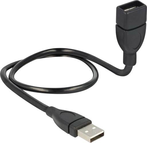 Een zwart USB-verlengkabel met een USB-A-stekker en een USB-A-aansluiting, flexibel en ongeveer 30 cm lang.