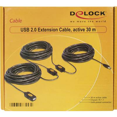 USB 2.0-verlengkabel, actief, 30 m, afgebeeld op een oranje verpakking met merknaam en technische specificaties.
