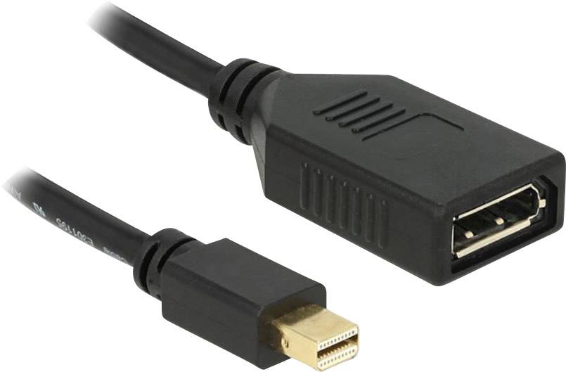 Een zwarte kabel met een Mini DisplayPort-stekker links en een DisplayPort-aansluiting rechts, voor de overdracht van video- en audiogegevens.