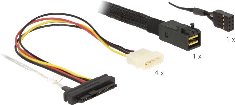 Op de afbeelding staat een kabeladapter met een SATA-stroomaansluiting aan de linkerkant en meerdere pinnen en aansluitingen aan de rechterkant.