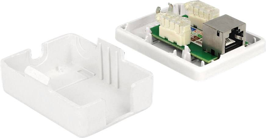 Netwerkaansluitdoos geopend met zichtbare interne componenten zoals een RJ45-Ethernet-aansluiting en aansluitklemmen.