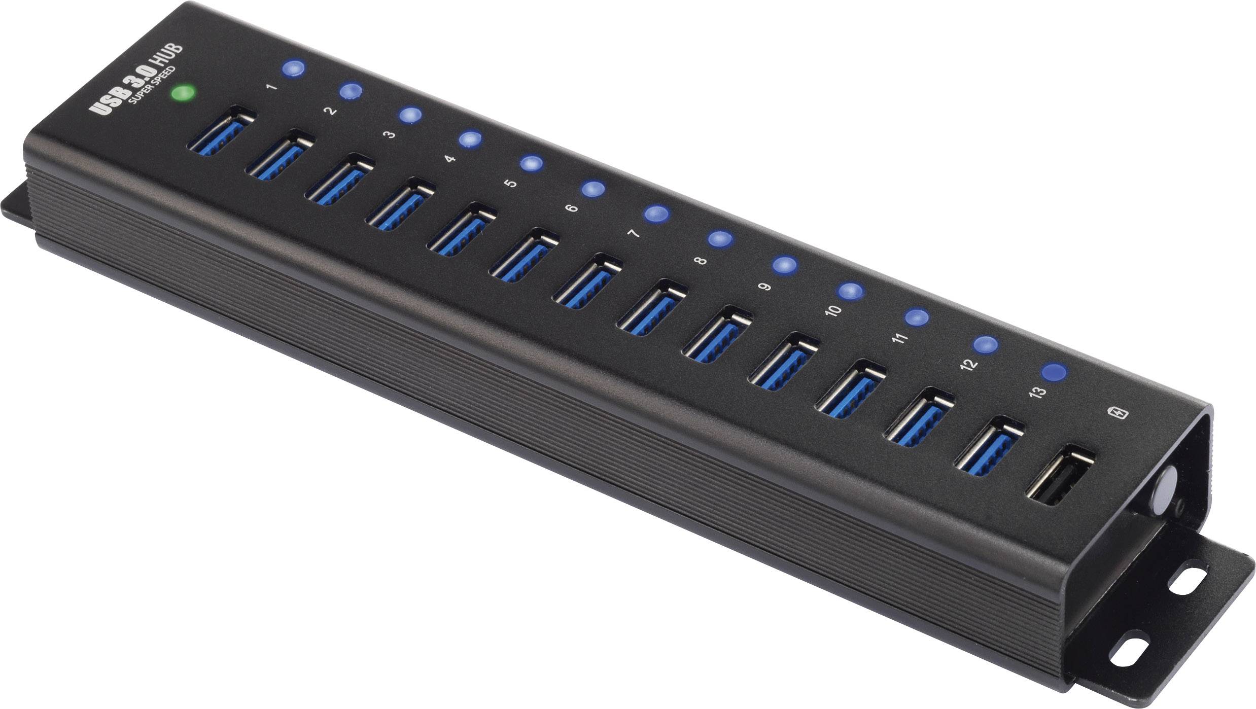USB 3.0-hub met 16 blauwe en 2 zwarte aansluitingen, rechthoekig design, zwarte kleur, geschikt voor meerdere apparaten.