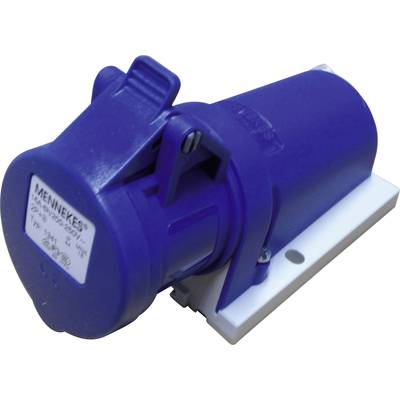 Een blauwe CEE-wandcontactdoos met afdekking, gemonteerd op een witte plaat. Geschikt voor industriële of commerciële elektrische installaties.