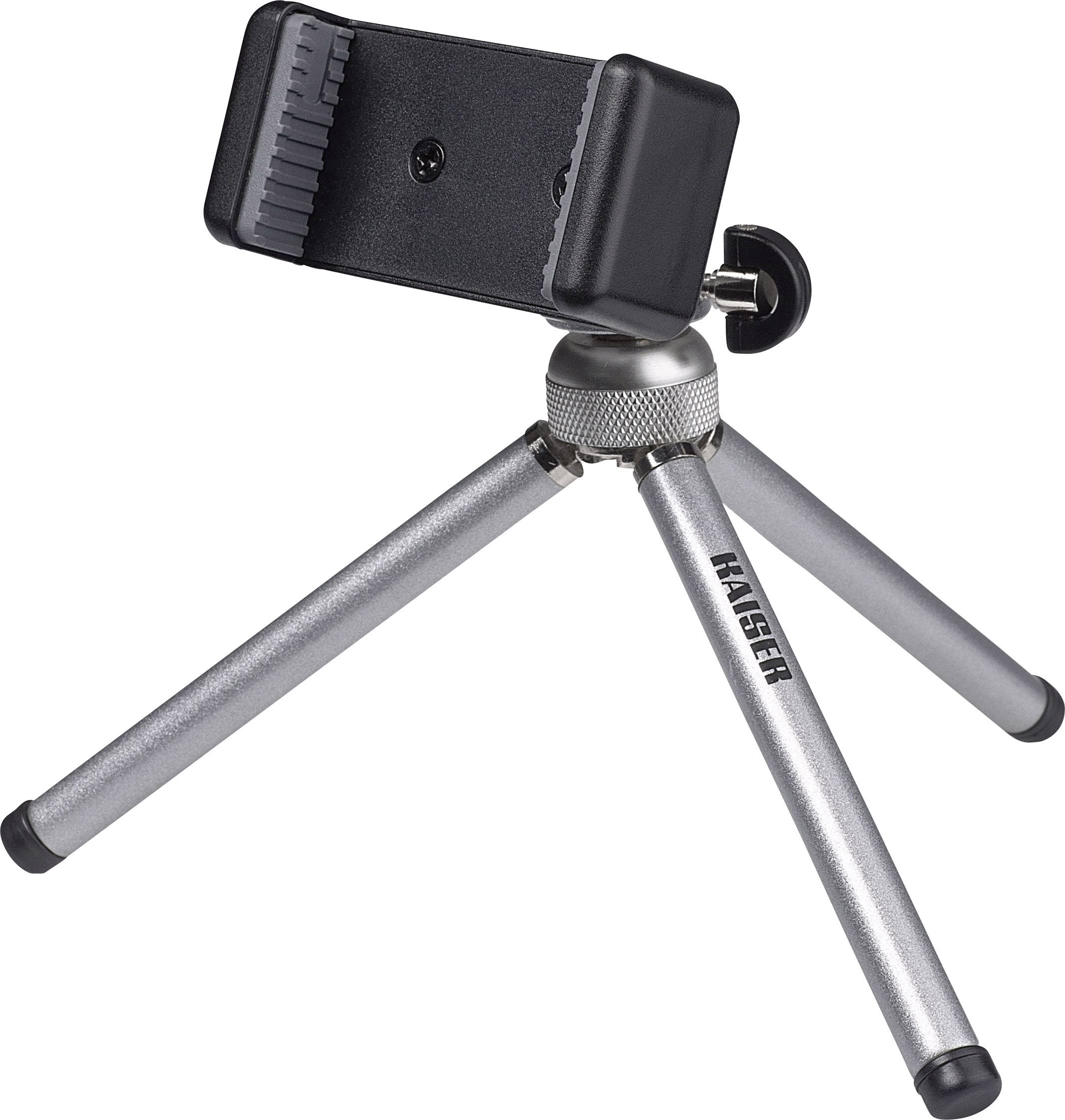 Een zilveren tafelstatief met drie poten en een verstelbare houder voor smartphones of kleine camera's.