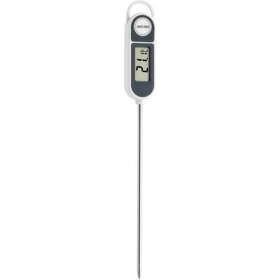 Een digitale keukenhulp met een lange metalen sonde en een display dat de temperatuur weergeeft.