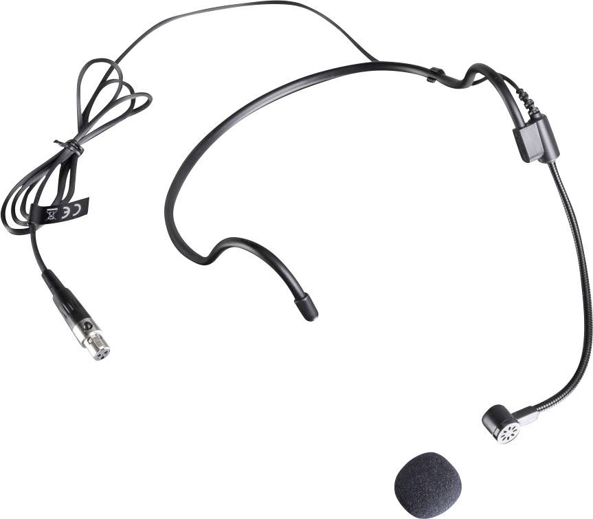 Dun, zwart headset-microfoon met flexibele boog en ronde schuimstof-overtrek, geschikt voor presentaties of optredens.