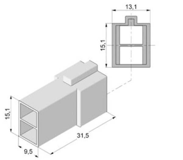 Technische tekening van een rechthoekige stekkerverbinding met de afmetingen: breedte 9,5 mm, hoogte 15,1 mm, lengte 31,5 mm. Bovenaan is een doorsnede weergegeven.