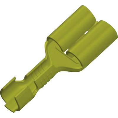 Gele kabelconnector met twee ronde openingen en een geribbelde greep, doorgaans gebruikt voor elektrische verbindingen.