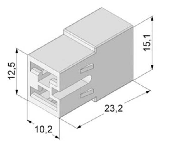 Technische tekening van een rechthoekige stekkerverbinding met afmetingen van 23,2 mm lengte, 12,5 mm breedte en 15,1 mm hoogte.
