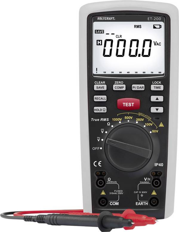 VOLTCRAFT ET-200 Isolatiemeter 50 V, 100 V, 250 V, 500 V, 1000 V 20 GΩ