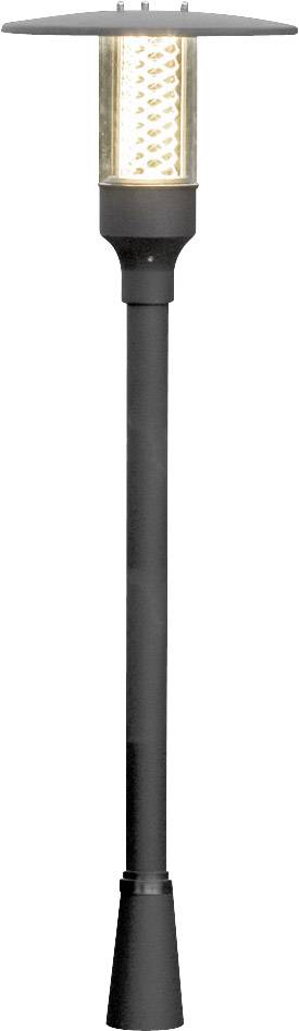 Een moderne, slanke buitenlantaarn met een zwarte staaf en een ronde kap. De lamp verspreidt warm licht.
