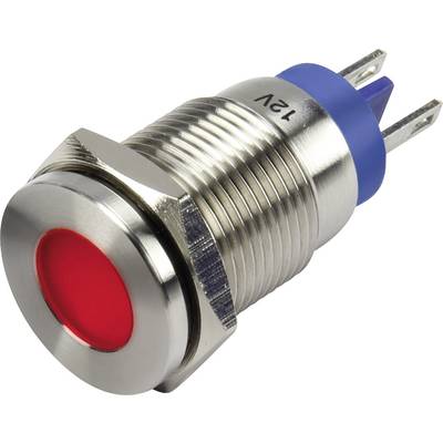 Metalen schakelaar met rode LED-indicator, blauwe voet en 12V-markering.