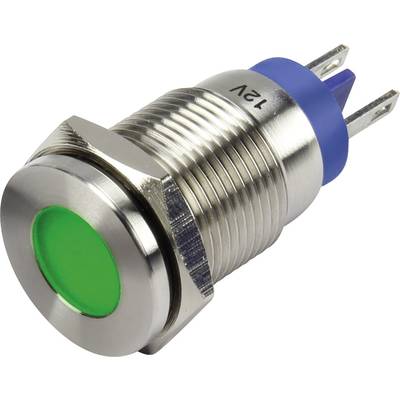 Groene LED-drukschakelaar met zilveren metalen behuizing, blauwe basis en opschrift '12V'.