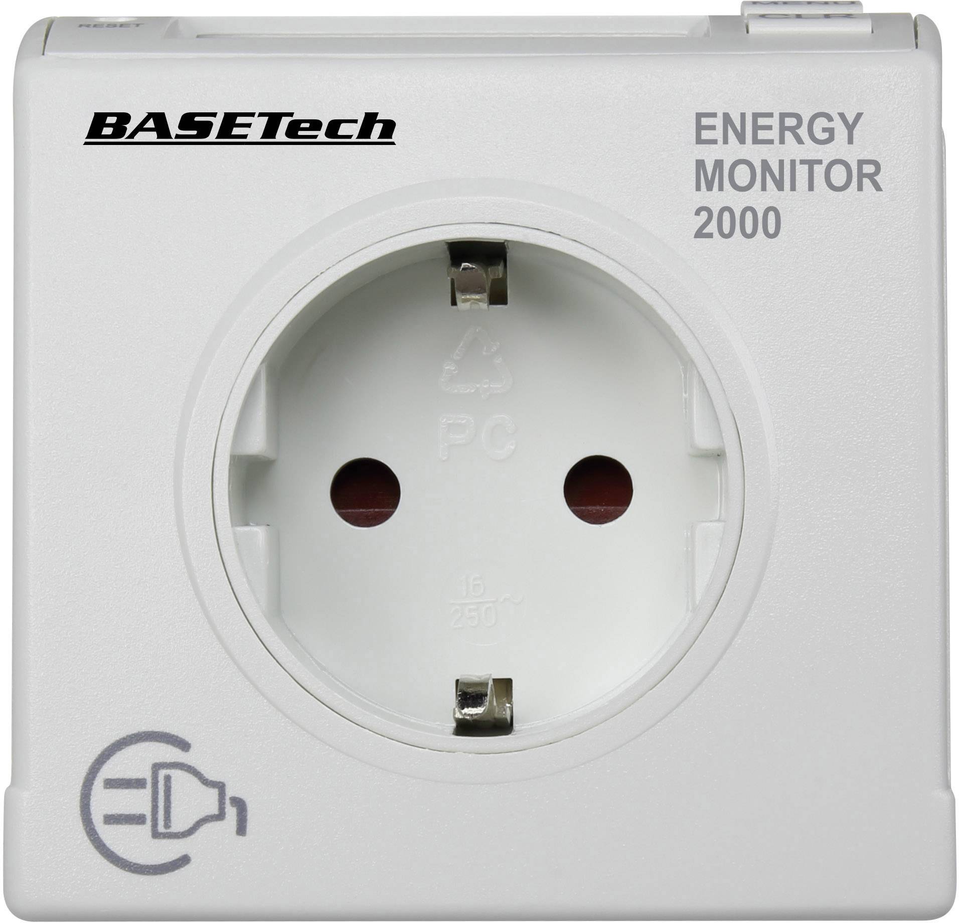 Een witte stopcontact met het opschrift 'BASETech' en 'ENERGY MONITOR 2000'. Een symbool toont energiebewaking.