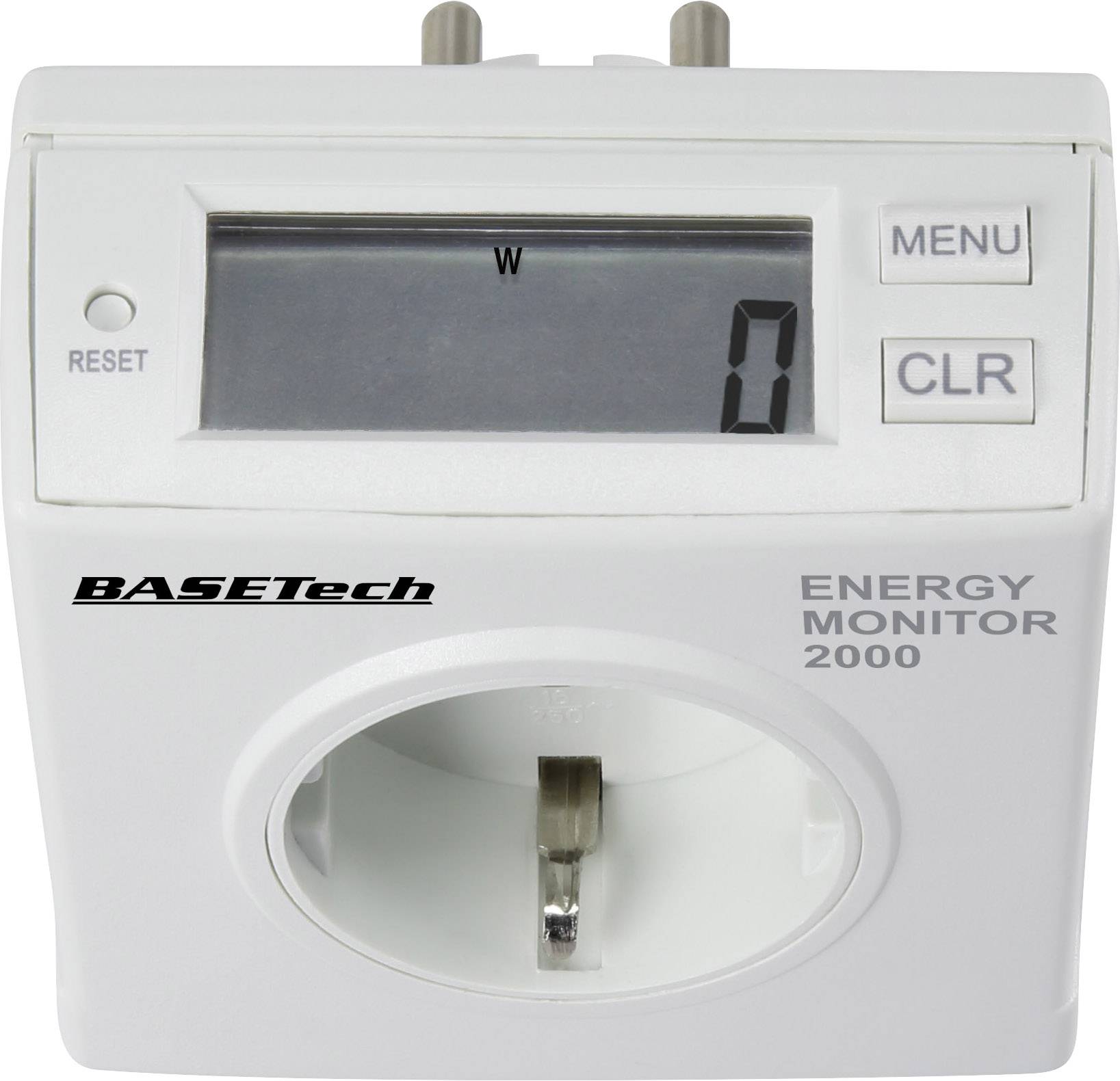 Een energieverbruiksmeter met een digitaal display dat het stroomverbruik in watt weergeeft. Bedieningsknoppen zijn: 'MENU' en 'CLR'.