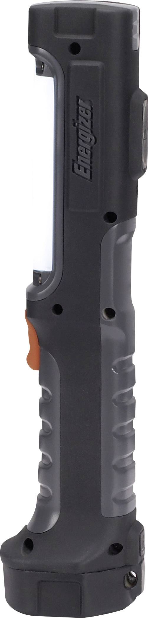 Een zwarte zaklamp met grijze accenten en een oranje knop aan de zijkant.