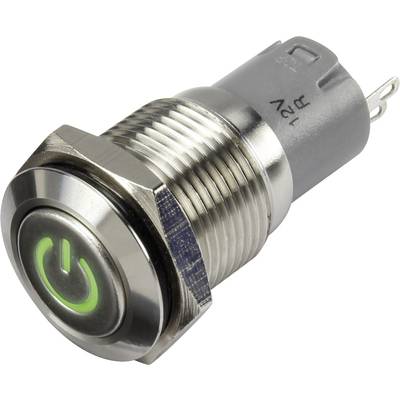 Zilverkleurige, cilindrische drukschakelaar met groen verlicht symbool voor 'Aan' op de knop. Geschikt voor elektronische apparaten.