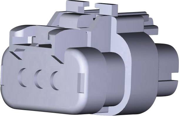 Een grijze elektrische stekker met twee bevestigingsklemmen en meerdere aansluitpunten, voor een neutrale achtergrond.