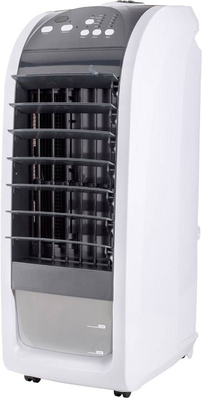 Een draagbare aircooler met een zwart en wit behuizing, meerdere ventilatiesleuven en bedieningselementen bovenaan. Ideaal voor kleine ruimtes.