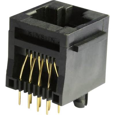 Zwarte RJ45-aansluiting met acht gouden pins voor gegevensoverdracht. Gebruikt in netwerken voor Ethernet-verbindingen.
